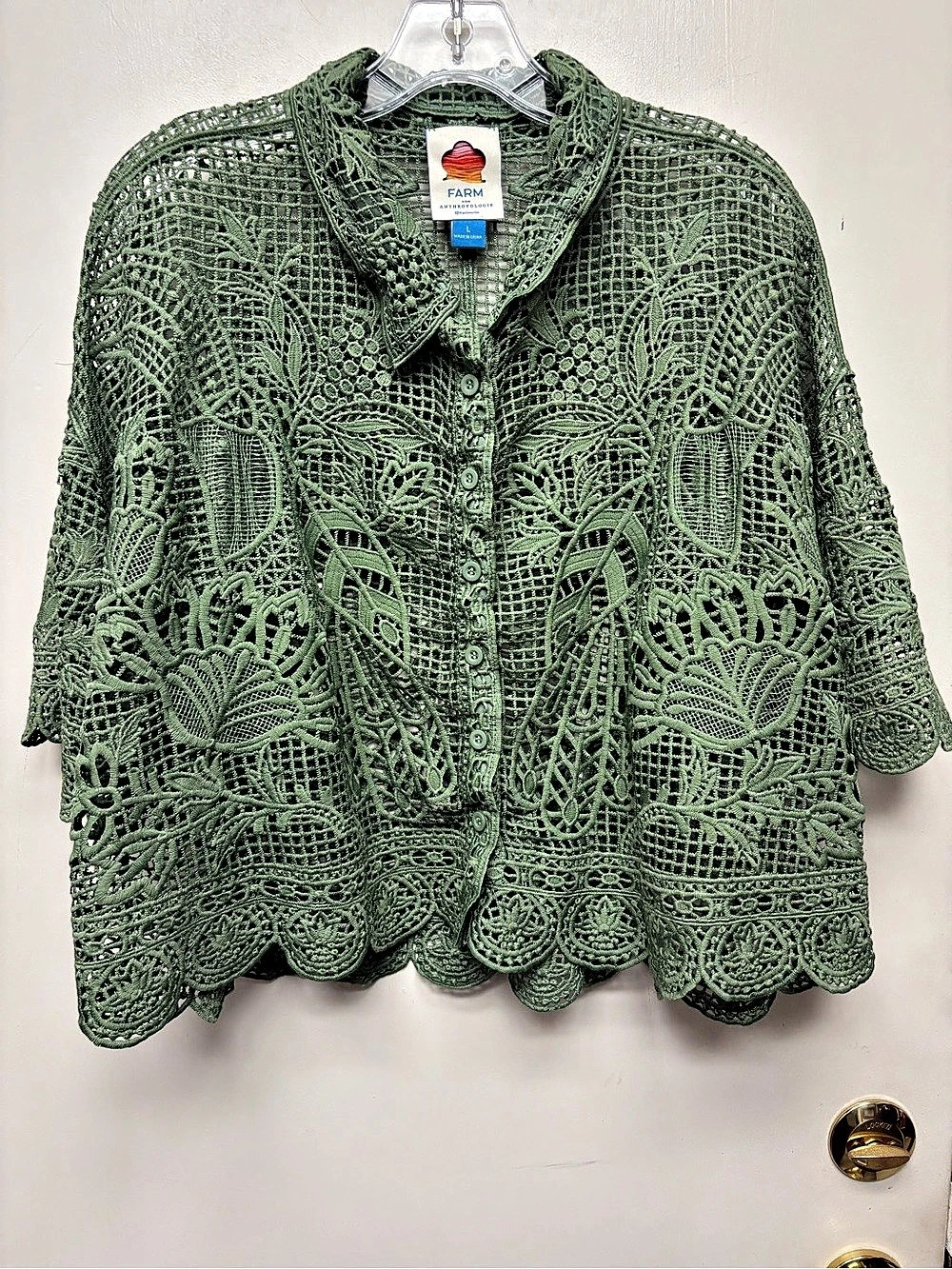 Farm Rio x Anthropologie Scallop Eyelet Short Sleeve Blouse in Green